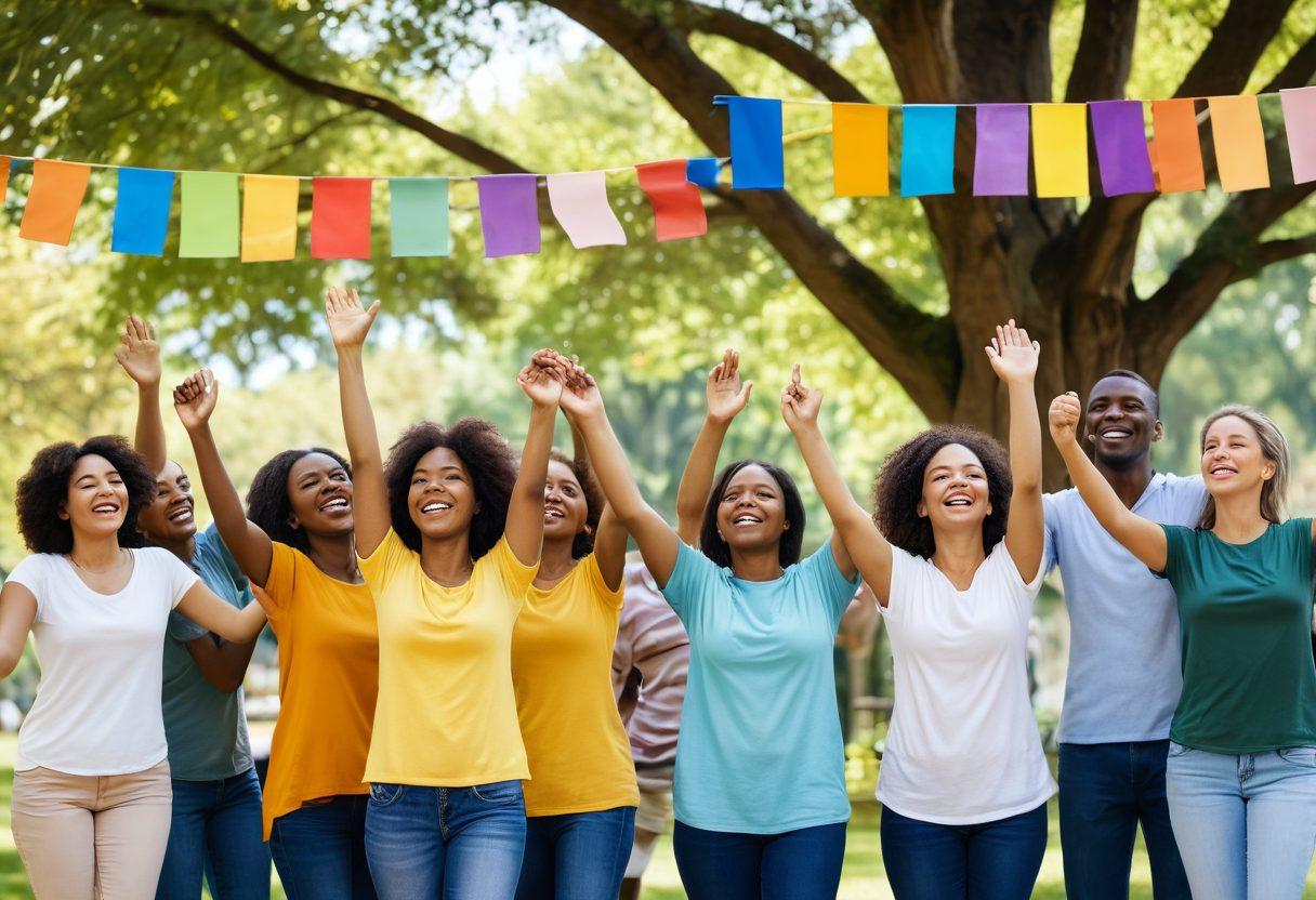 A warm, inviting scene of diverse people gathered in a sunny park, sharing smiles and laughter, with open arms symbolizing support and unity. In the background, colorful banners promoting positive mental well-being hang from trees, while lush greenery creates a peaceful atmosphere. The image should radiate warmth, hope, and togetherness. super-realistic. vibrant colors. soft focus.