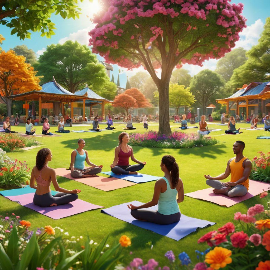 A vibrant scene of diverse individuals connecting in a lush, green park, engaged in various community activities such as yoga, reading, and laughing together, surrounded by colorful flowers and trees. In the background, a cozy community center with resource posters and people sharing helpful materials. This image symbolizes mental well-being and support. super-realistic. vibrant colors. 3D.