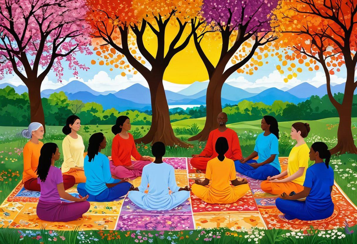A vibrant digital tapestry filled with diverse individuals engaging in joyful activities, such as group meditation, shared laughter, and collaborative projects. Include elements like colorful blossoms representing growth and interconnectedness, a sun shining brightly to symbolize positivity, and speech bubbles filled with friendly conversations. The background should feature a serene landscape that conveys a sense of community. super-realistic. vibrant colors. 3D.